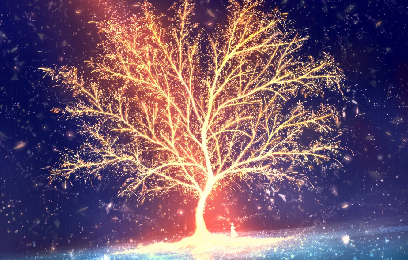 Фото обои девушка, ночь, дерево, фэнтези, светится