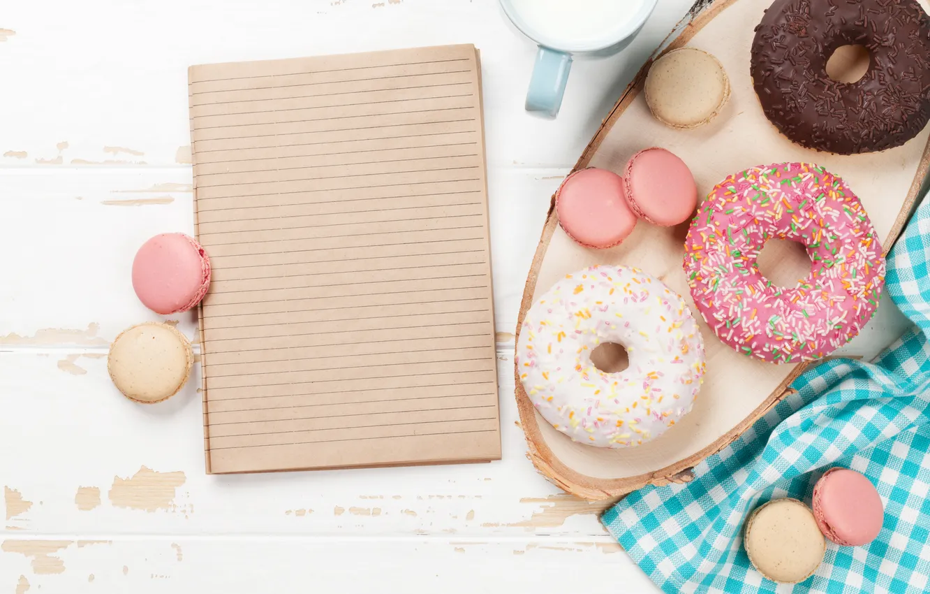 Фото обои завтрак, утро, пончики, wood, pink, good morning, breakfast, with love
