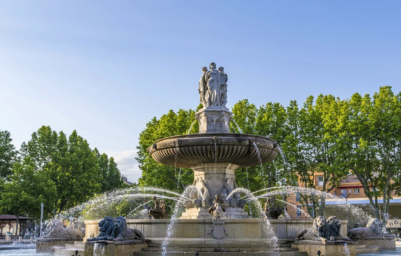 Фото обои лето, парк, Франция, фонтан, скульптура, Экс-ан-Прованс