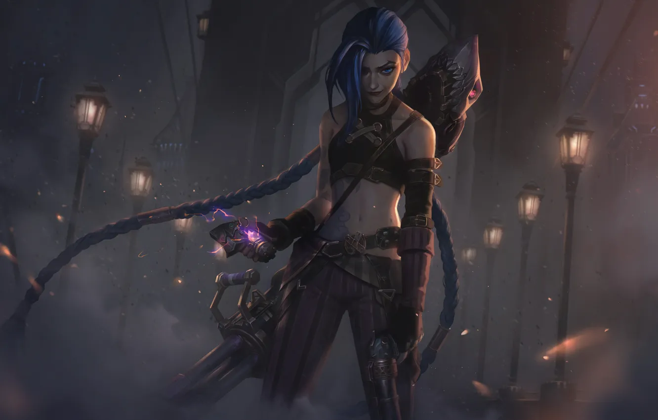 Фото обои ночь, игра, персонаж, League of Legends, уличные фонари, LOL, Лига Легенд, Jinx