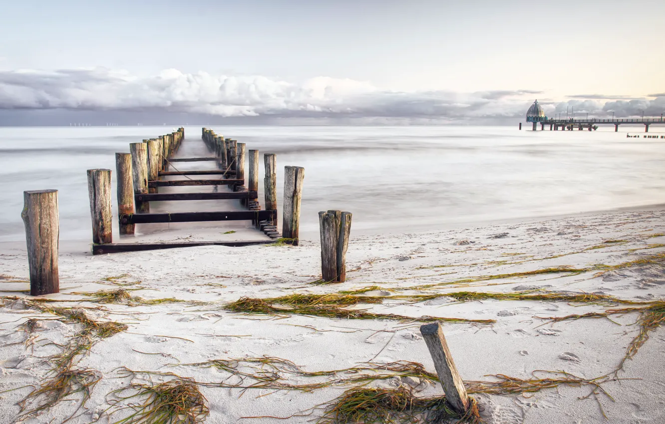 Фото обои море, мост, берег, опора