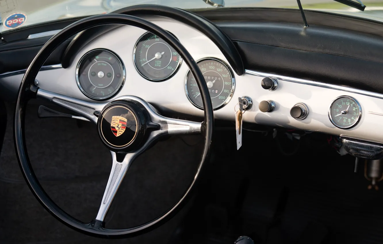 Фото обои Porsche, 1960, logo, 356, steering wheel, dashboard, car interior, Porsche 356B 1600 Super Roadster