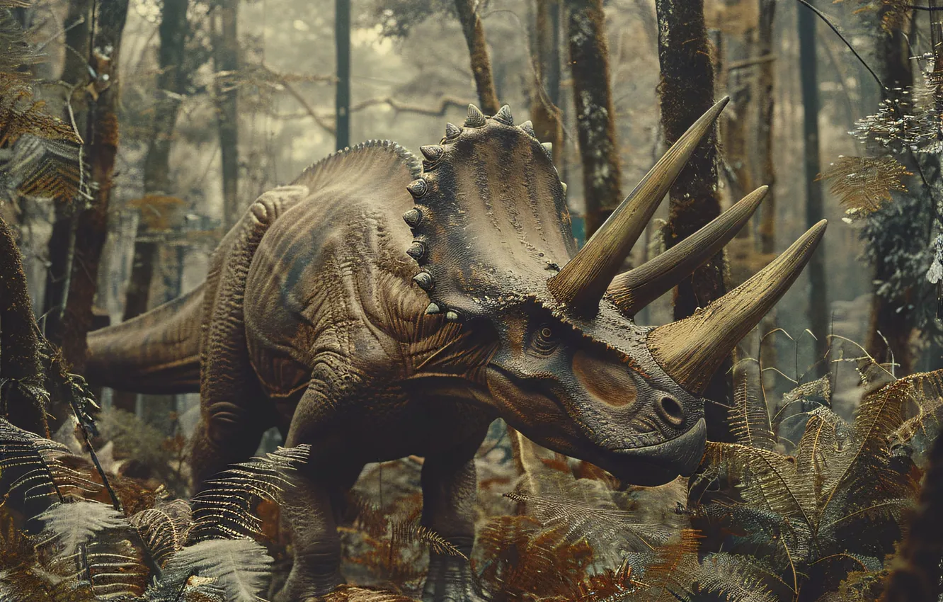 Фото обои Трава, Деревья, Динозавр, Рога, Triceratops, Животное, Цифровое искусство, Трицератопс