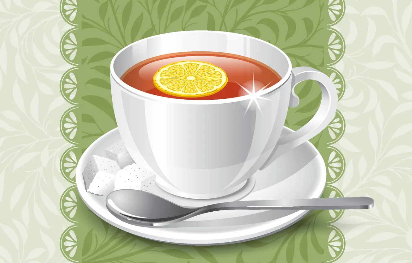 Фото обои фон, лимон, чай, ложка, чашка, блюдце