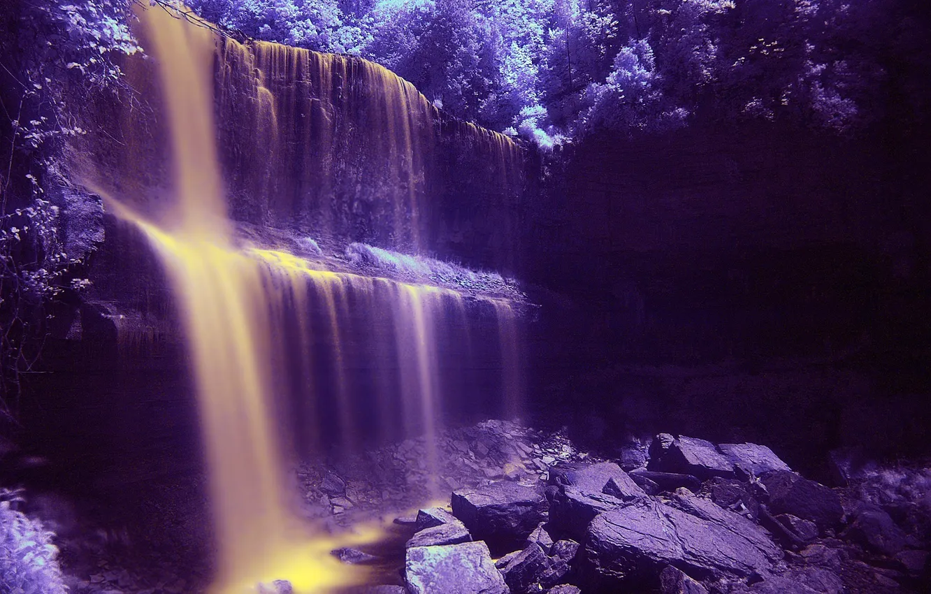 Фото обои свет, деревья, камни, цвет, водопад, поток