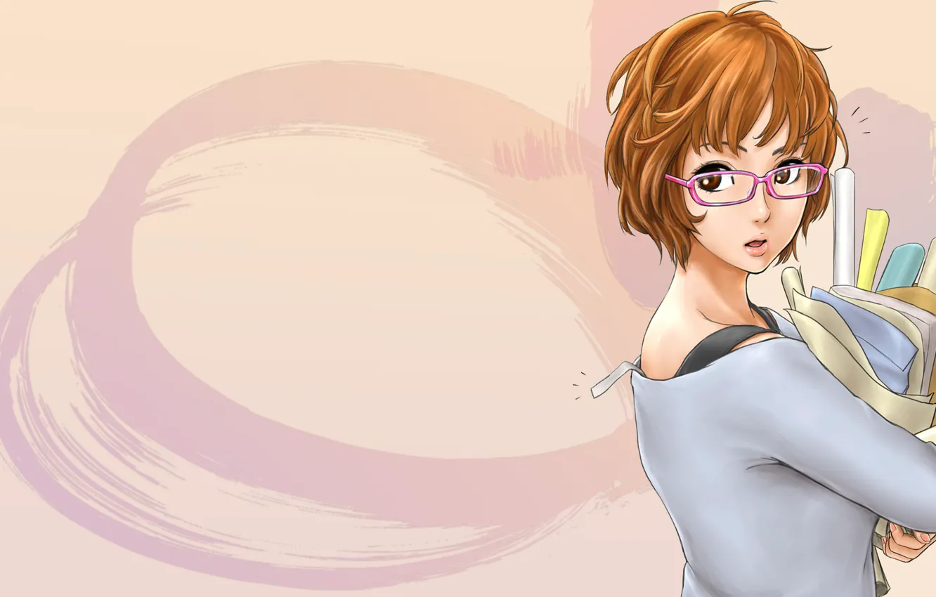 Фото обои девушка, бумага, фон, очки, рыжая, свёрток