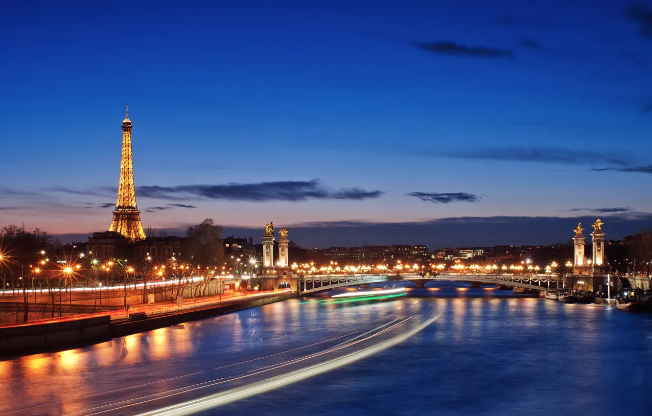 Фото обои город, огни, река, Париж, вечер, франция