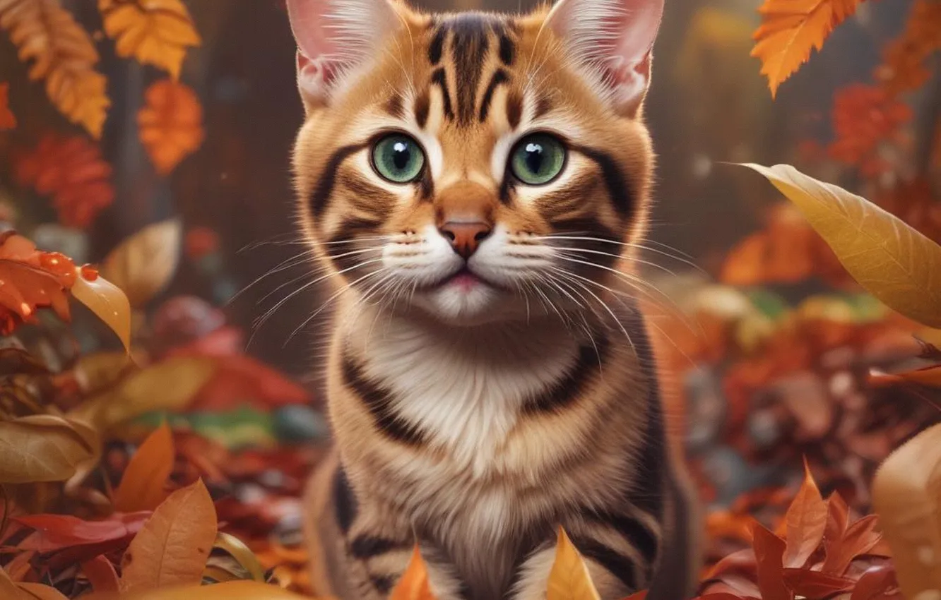 Фото обои осень, кошка, кот, взгляд, природа, поза, котенок, листва