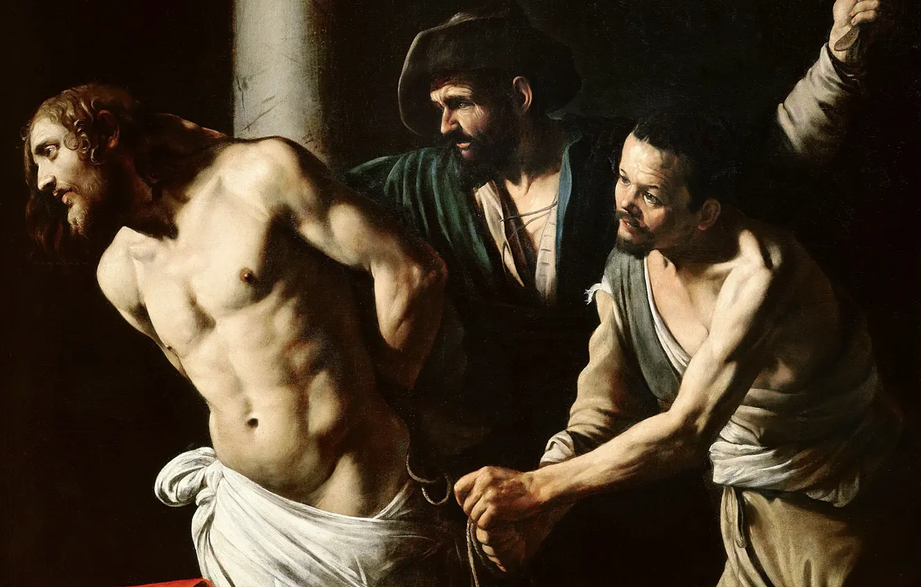 Фото обои картина, мифология, Микеланджело Меризи да Караваджо, Бичевание Хриcта