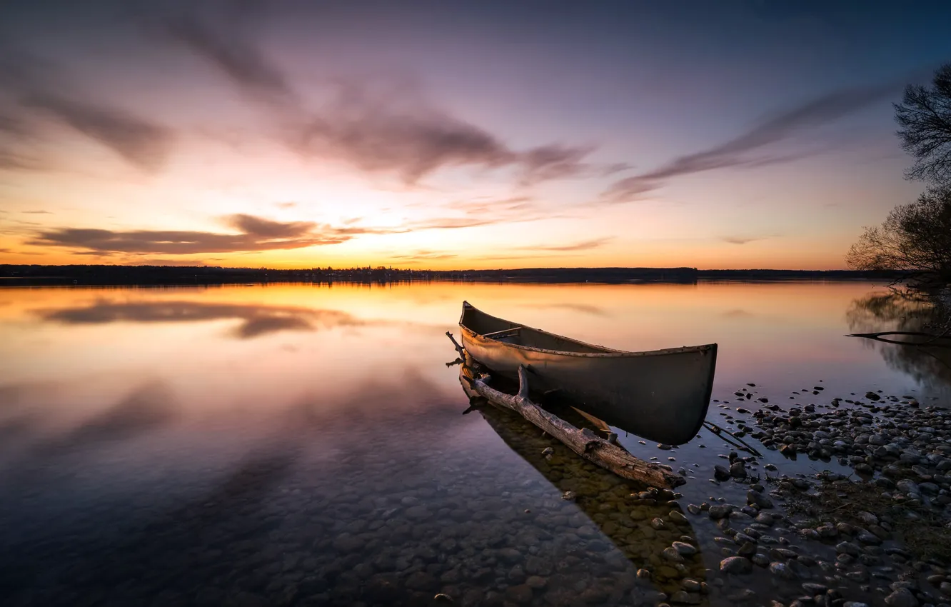 Фото обои закат, река, лодка