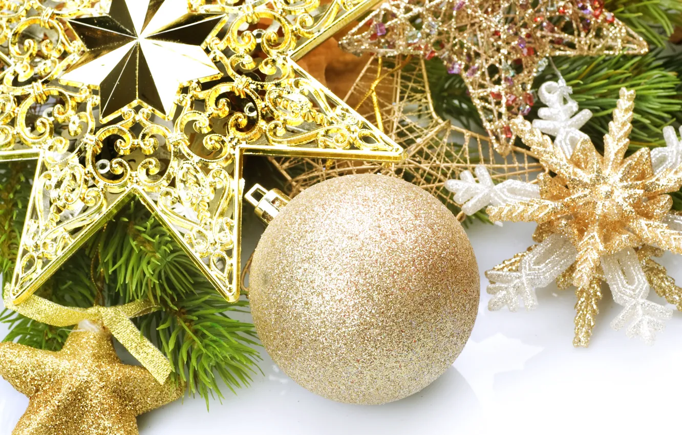 Фото обои звезды, украшения, снежинки, игрушки, шар, ветка, Новый Год, Рождество