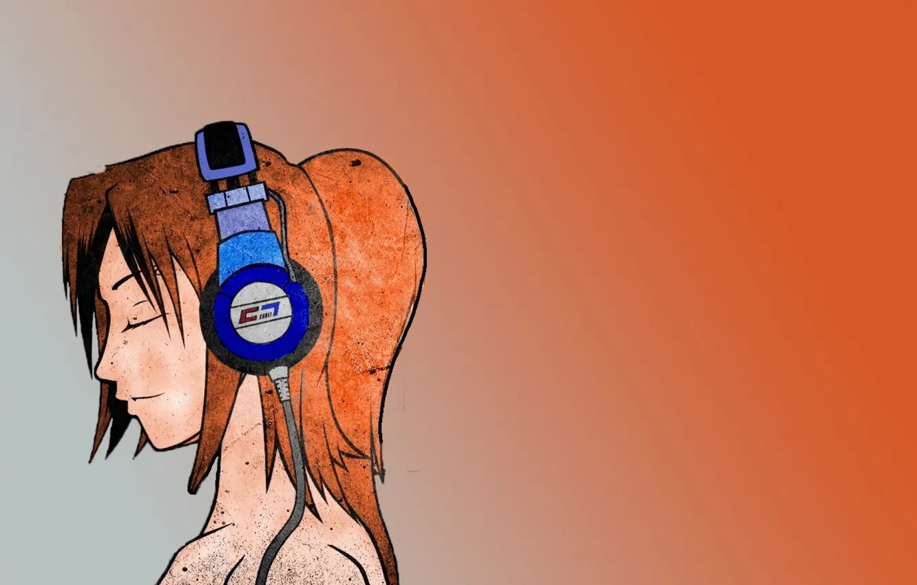 Фото обои девушка, оранжевый, минимализм, наушники, headphones, art
