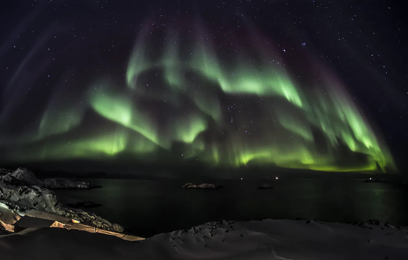 Фото обои звезды, снег, ночь, зеленый, океан, северное сияние, Aurora Borealis