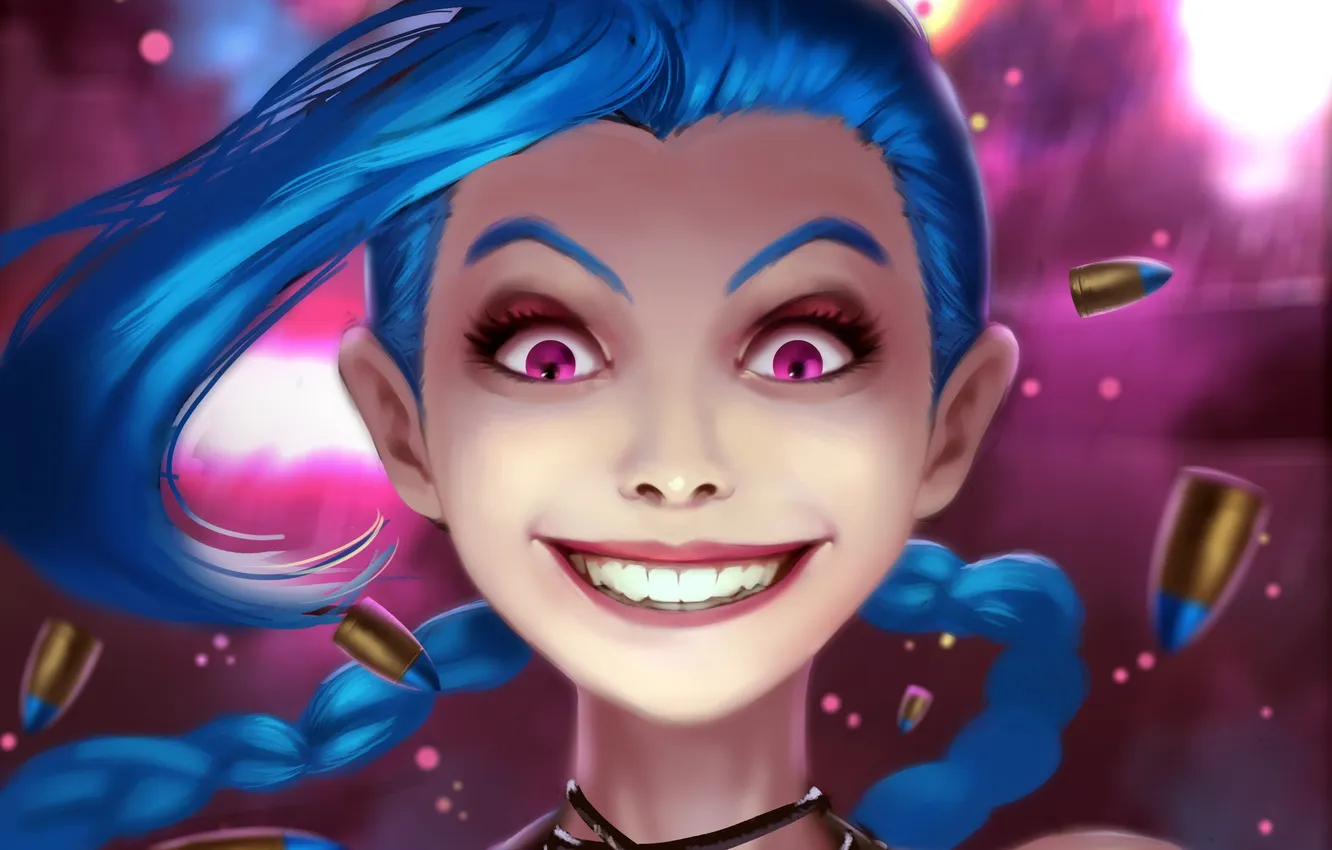 Фото обои улыбка, пуля, lol, league of legends, crazy, jinx