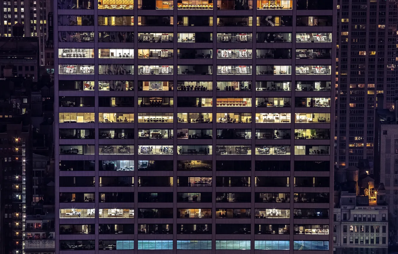 Фото обои свет, ночь, окна, небоскреб, мегаполис, офисы