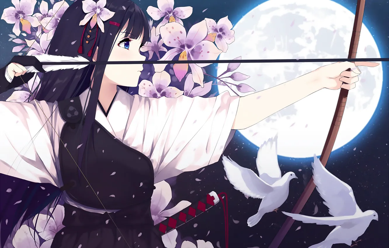 Фото обои девушка, цветы, луна, аниме, лук