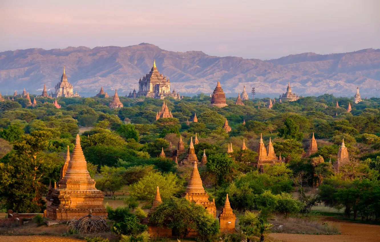 Фото обои panorama, old, morning, Monument, pagoda, monastery, Myanmar