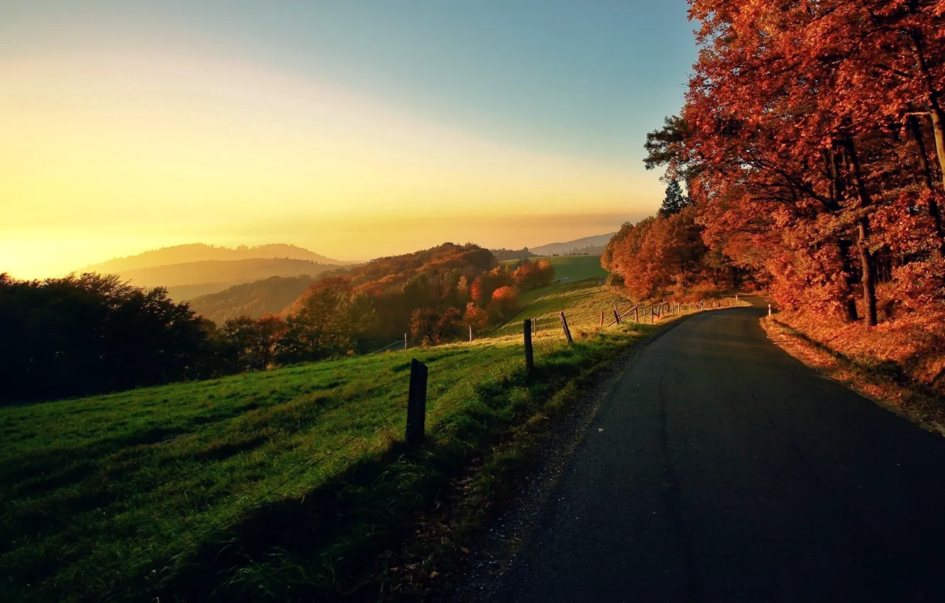 Фото обои дорога, осень, небо, солнце, деревья, пейзаж, закат, природа