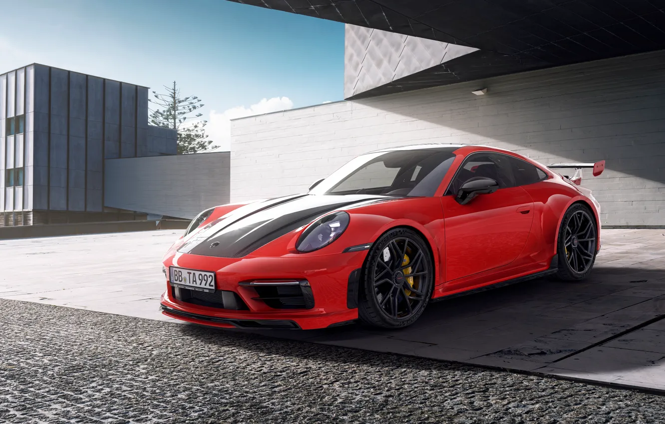 Фото обои Porsche, Red, Porsche 911, Front, Side, TechArt, 992, 2022