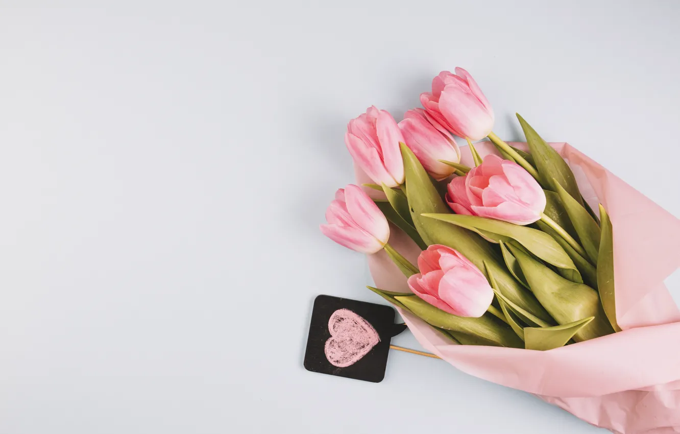 Фото обои цветы, сердце, букет, тюльпаны, love, розовые, fresh, heart