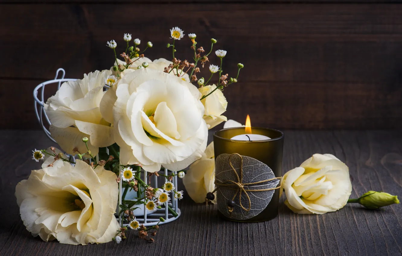 Фото обои цветы, свеча, букет, композиция, лизиантус, IRINA BORT