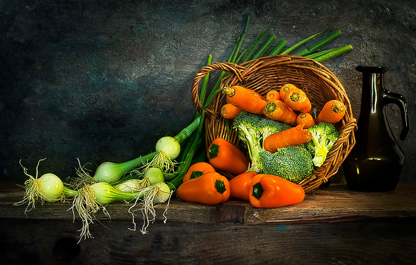 Фото обои корзина, лук, перец, натюрморт, морковь, Spring onions