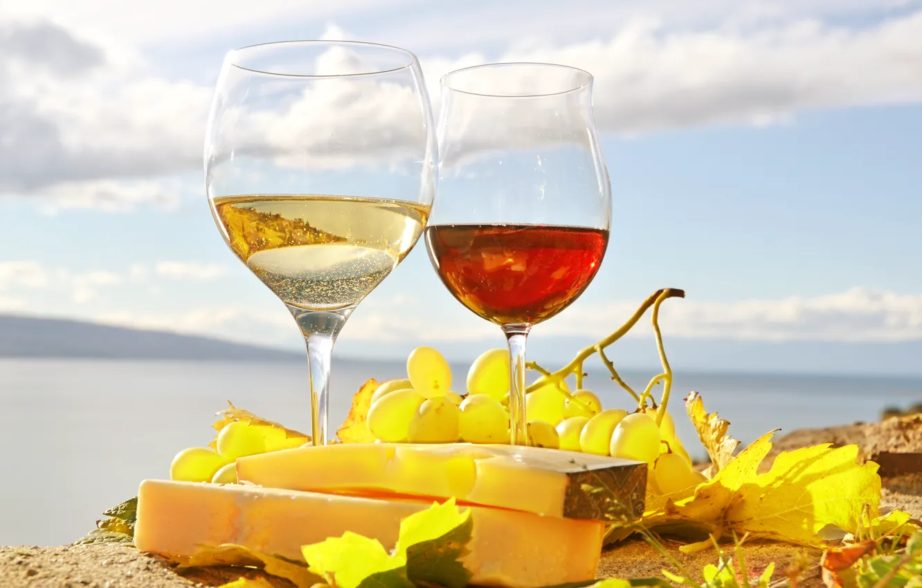 Фото обои листья, вино, красное, белое, сыр, бокалы