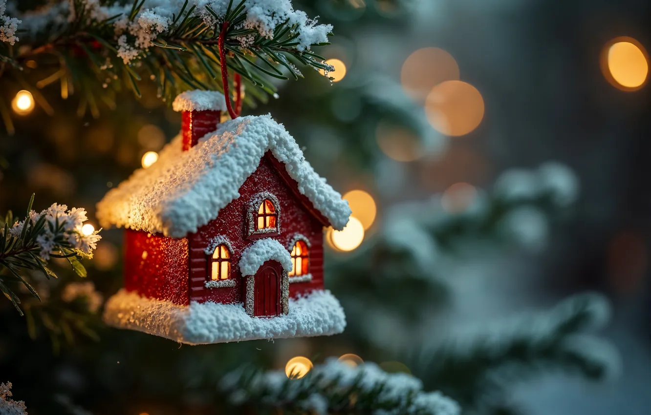 Фото обои украшения, игрушка, елка, Рождество, Новый год, домик, Christmas, tree