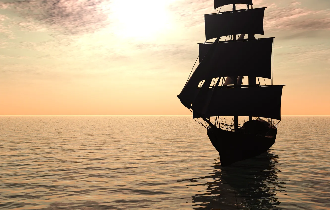 Фото обои небо, солнце, океан, парусник, визуализация, render, пиратский корабль, Pirate Ship