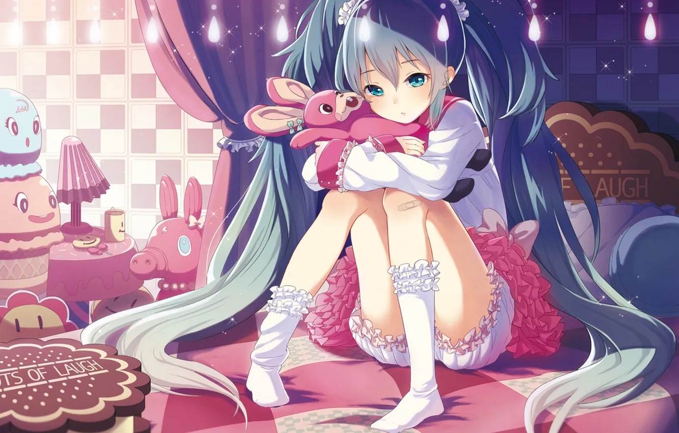 Фото обои девушка, комната, игрушка, лампа, аниме, арт, vocaloid, hatsune miku