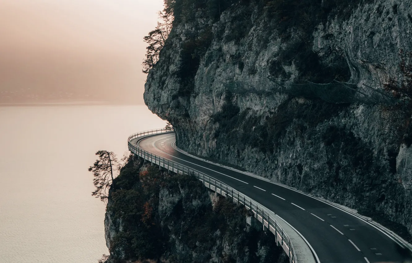 Фото обои road, sea, landscape, nature, mountain, rocks, bokeh, mist