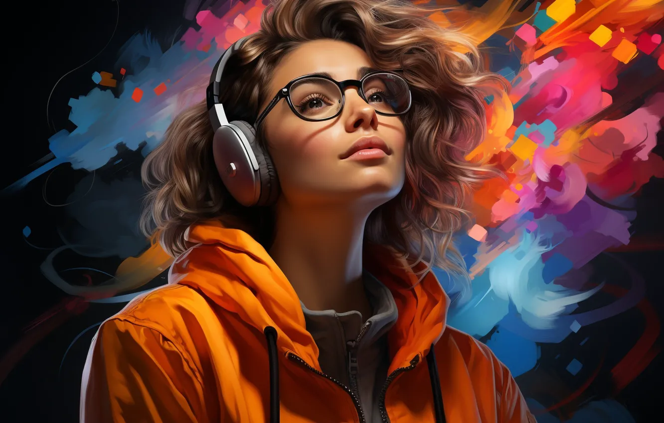 Фото обои девушка, краски, наушники, иллюстрация, digital art, нейросеть