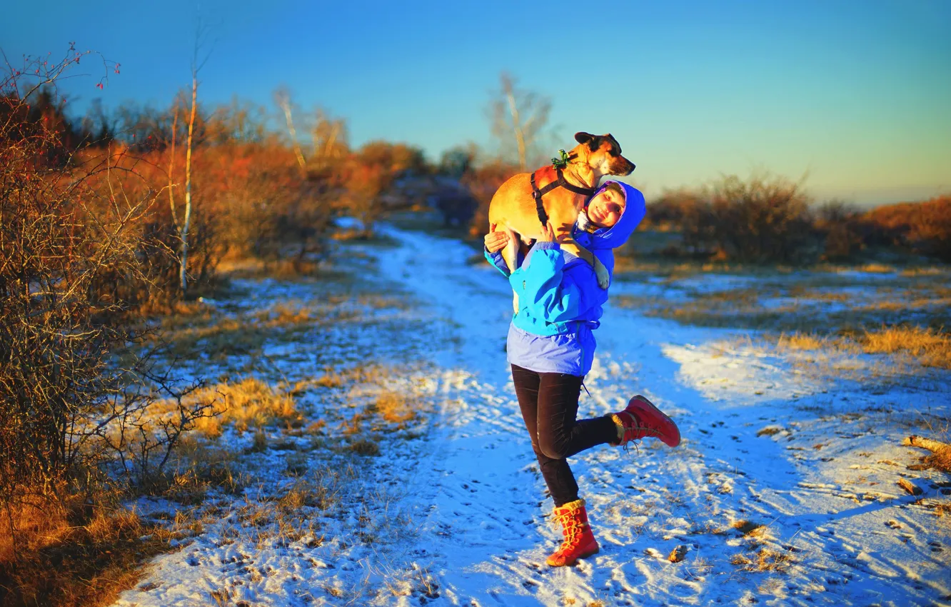 Фото обои girl, road, dog, winter, snow, sunlight
