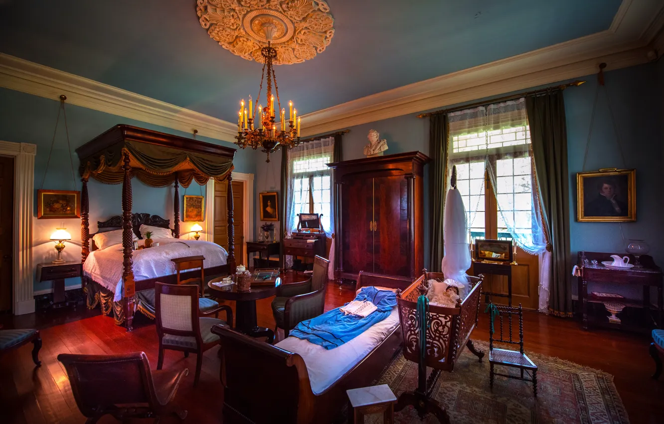 Фото обои старина, ретро, мебель, кровать, люстра, картины, шкаф, Design