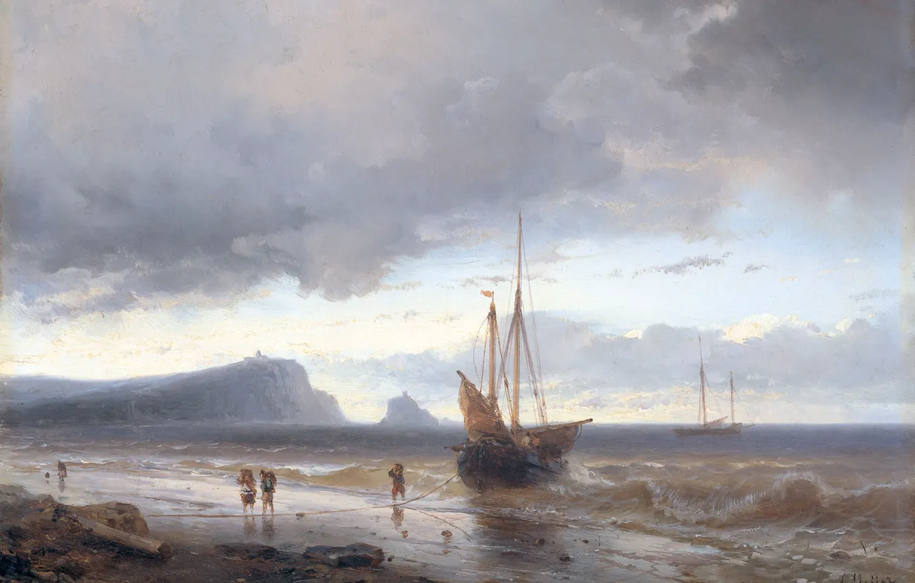Фото обои пейзаж, корабль, масло, парусник, картина, парус, 1850, Йохан Хендрик Луи Мейер