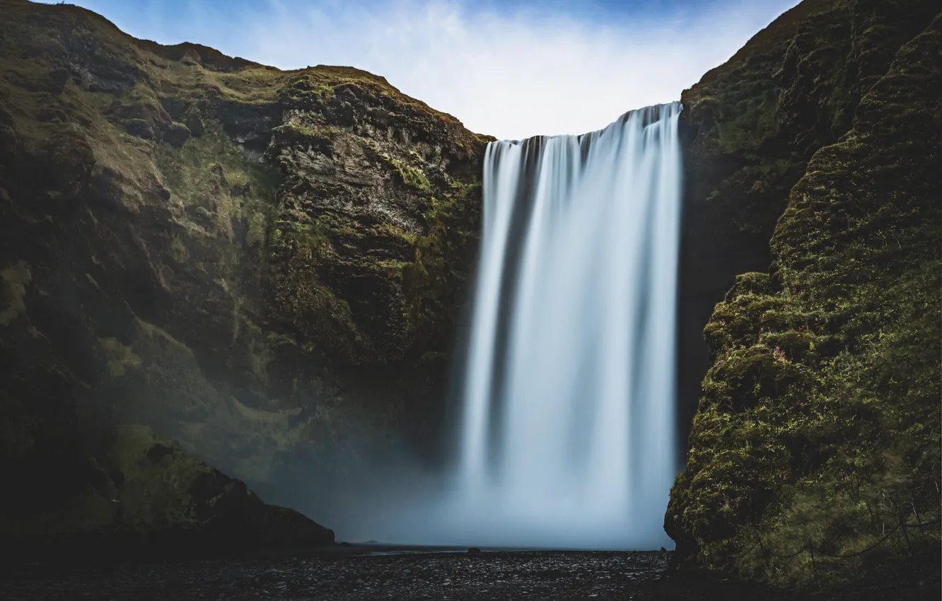 Фото обои небо, скала, камни, водопад, Исландия, Iceland, Skogafoss, Скоугафосс
