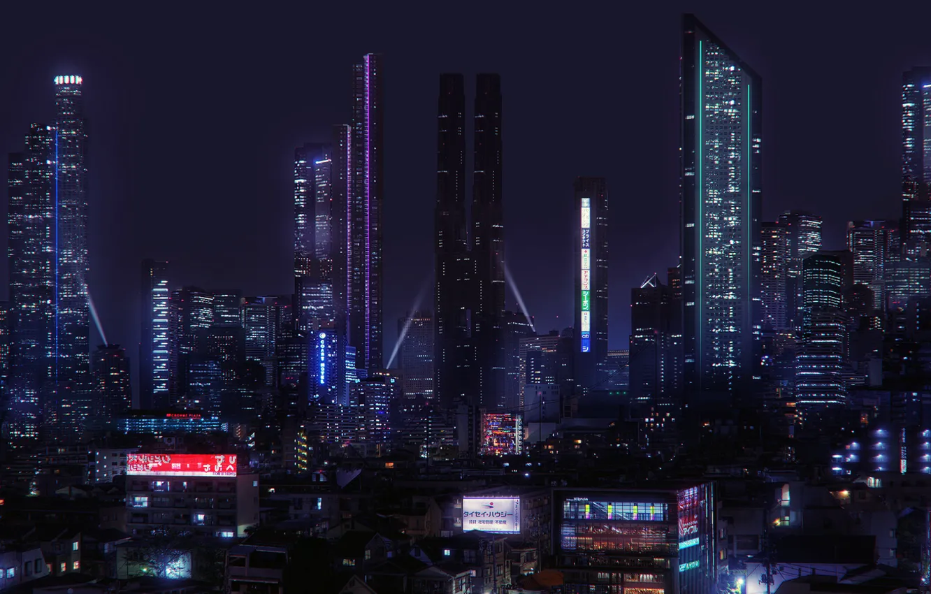 Фото обои будущее, ночной город, Cyberpunk, Jonathan Lucero, Scemestry City