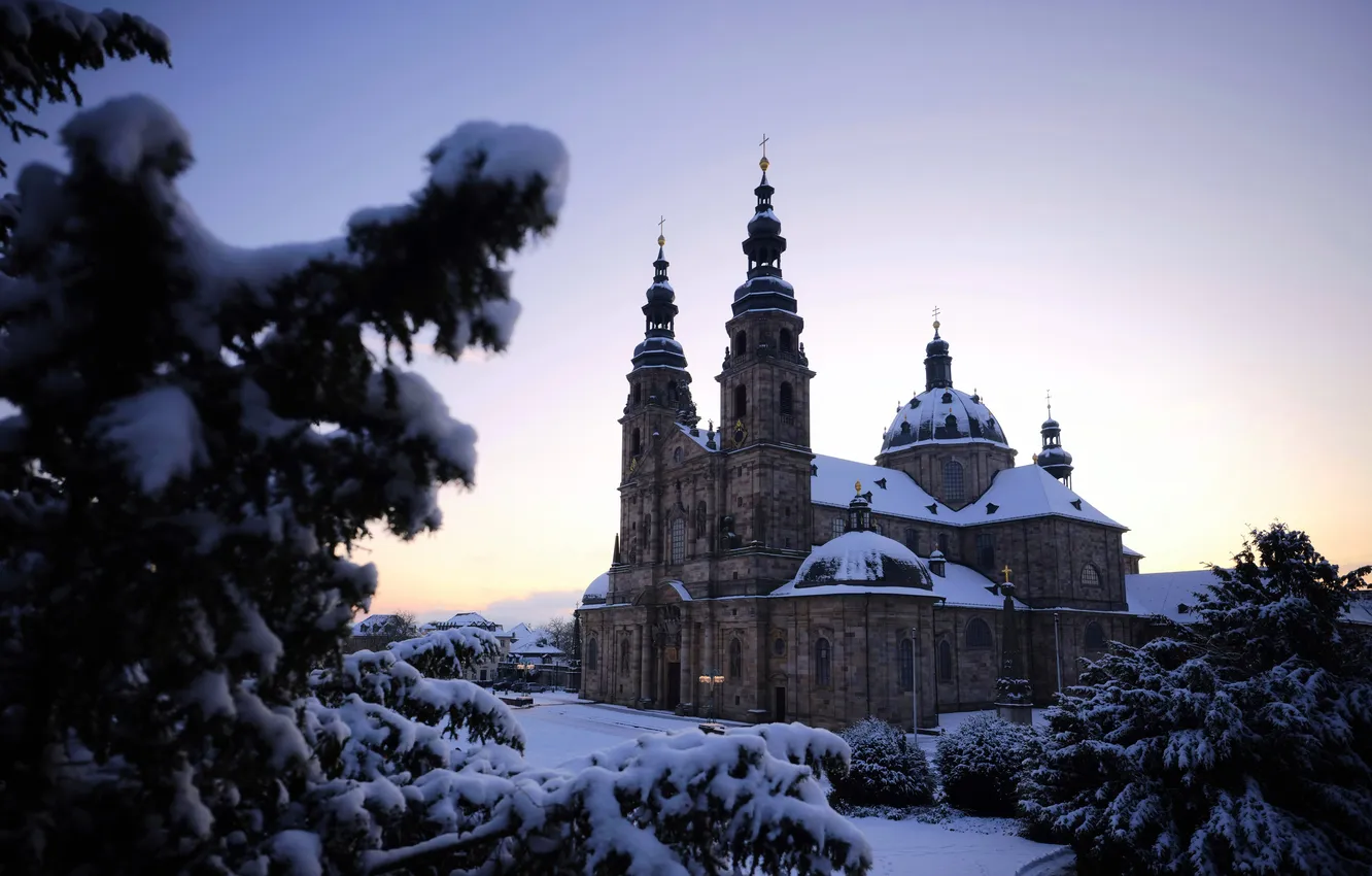 Фото обои Германия, Снег, Germany, Snow, winter, Mountain Castle Fulda, Горный замок Фульда