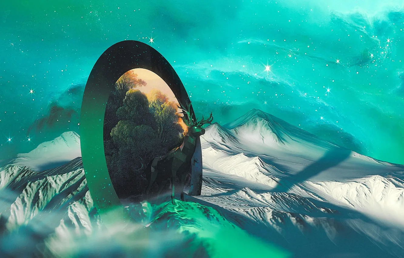 Фото обои горы, олень, портал, Space Deer