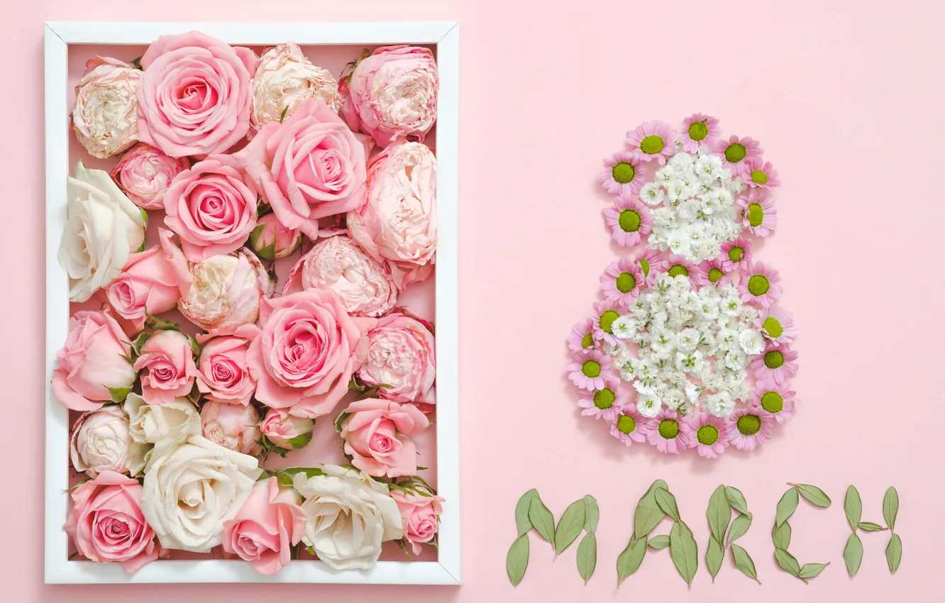 Фото обои цветы, розы, цифра, happy, 8 марта, pink, flowers, spring