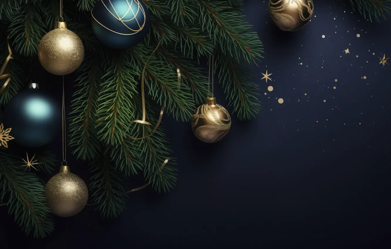 Фото обои украшения, темный фон, шары, Новый Год, Рождество, golden, new year, happy