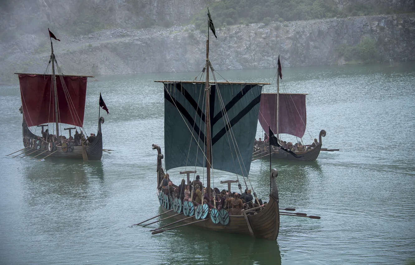 Фото обои река, поход, Vikings, Викинги, Драккары
