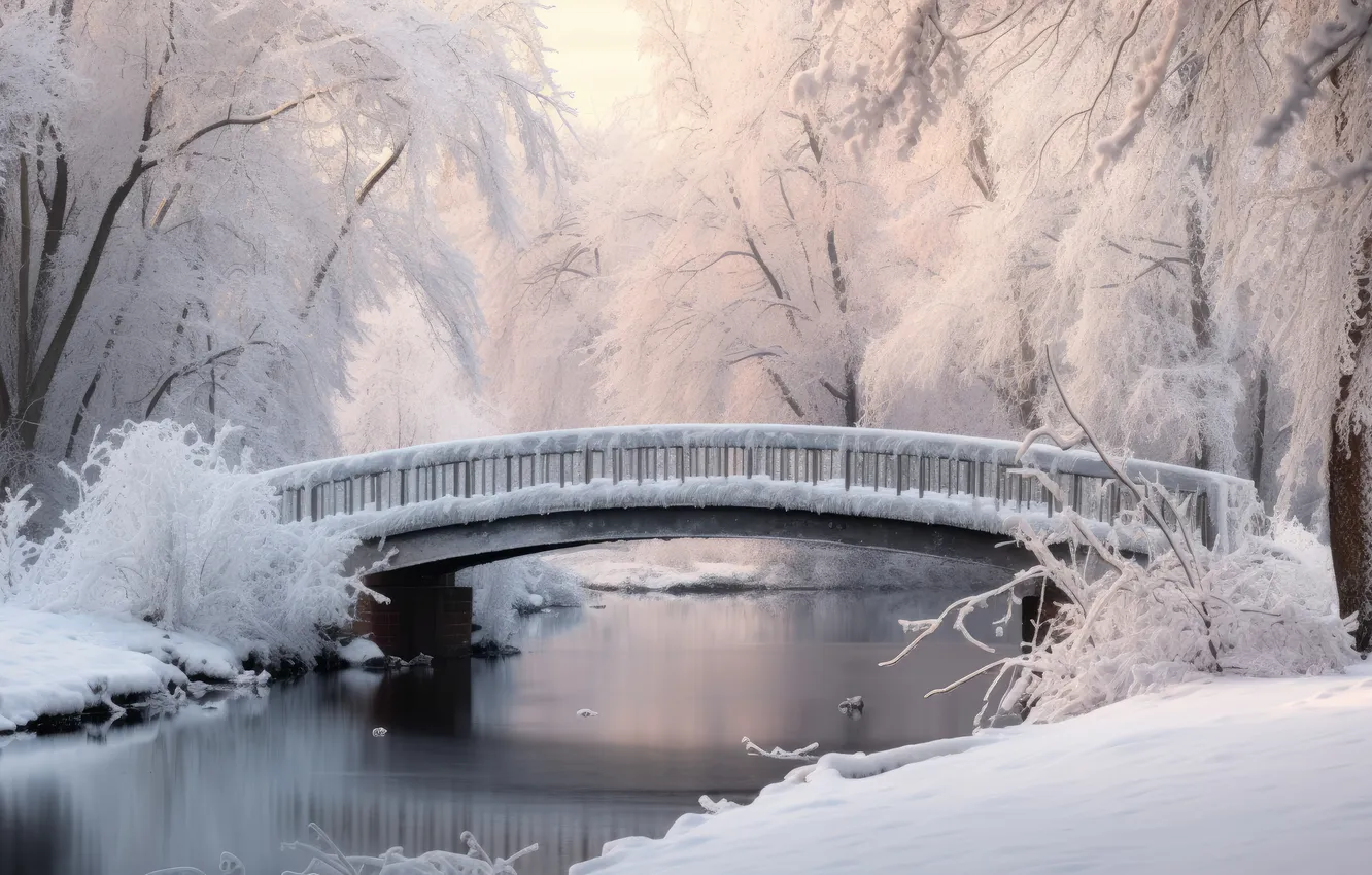 Фото обои зима, снег, мост, парк, landscape, bridge, park, winter