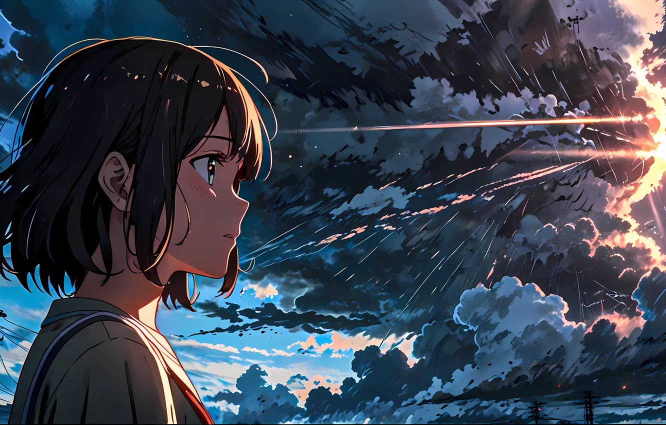 Фото обои Clouds, Anime, Sunset, Contemplation, Anime girl, 8K, Sun rays, Emotional moment