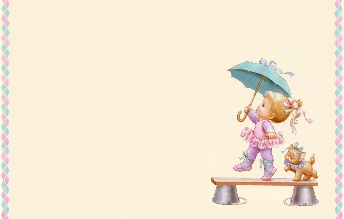 Фото обои зонтик, арт, девочка, котёнок, детская