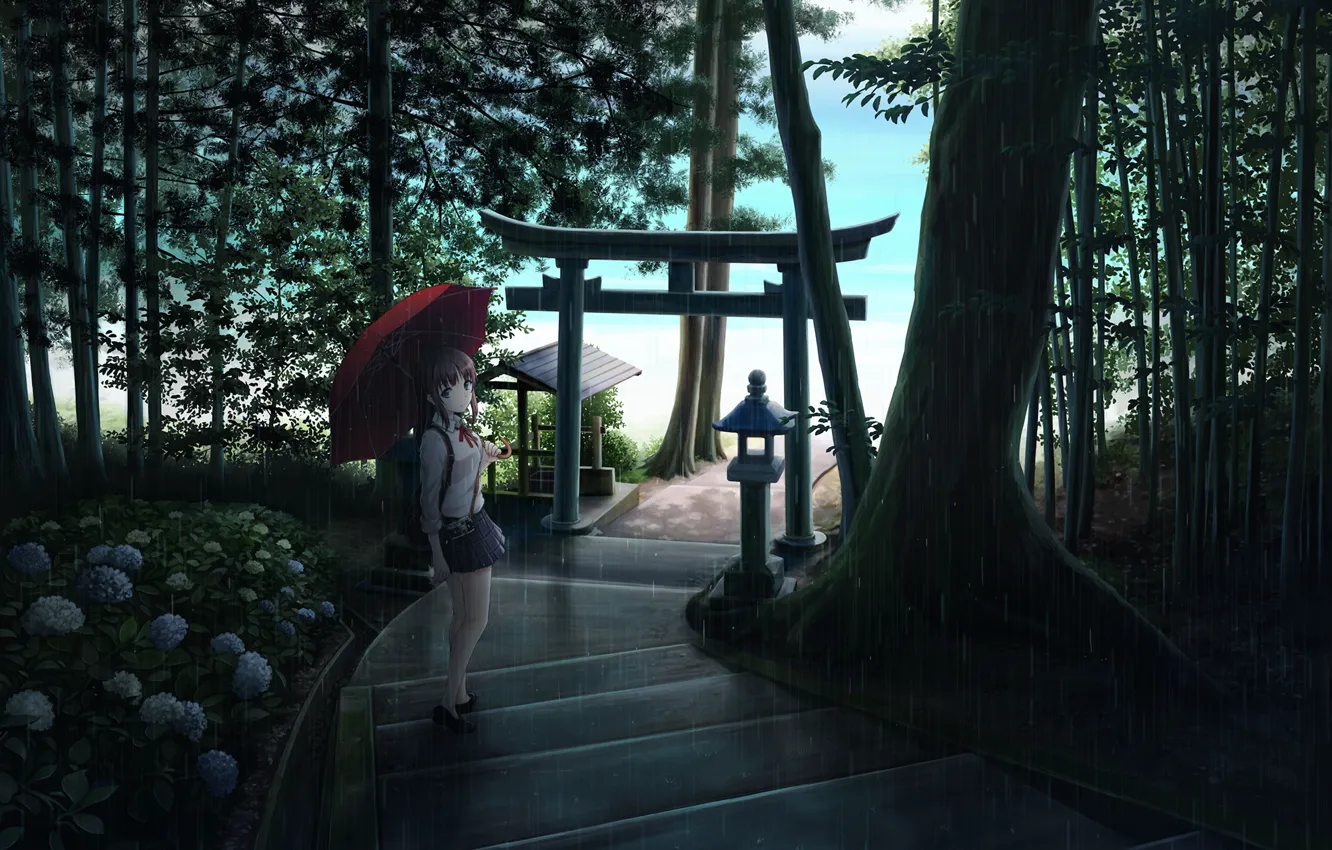 Фото обои девушка, деревья, цветы, природа, дождь, зонт, аниме, арт