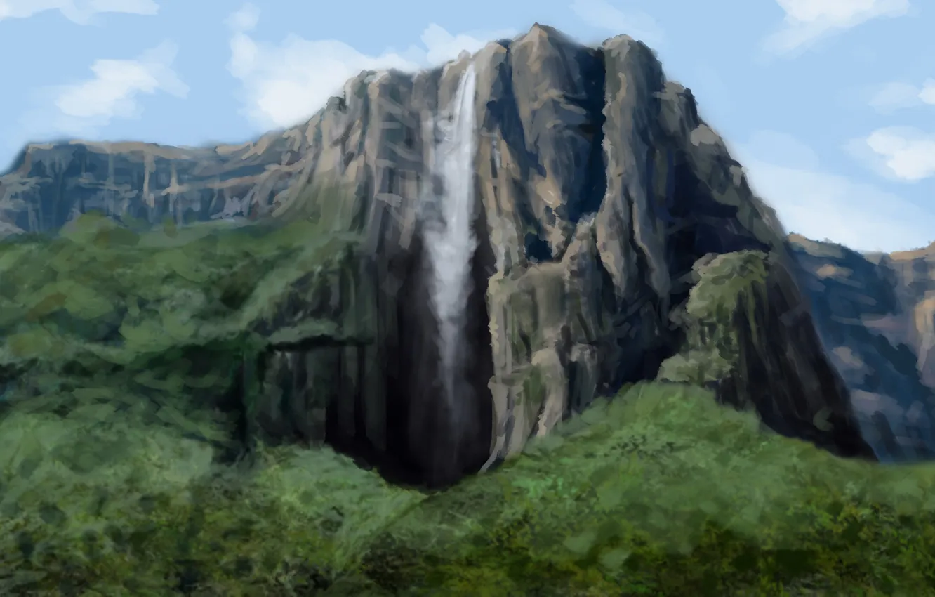 Фото обои зелень, деревья, природа, скала, гора, водопад, арт
