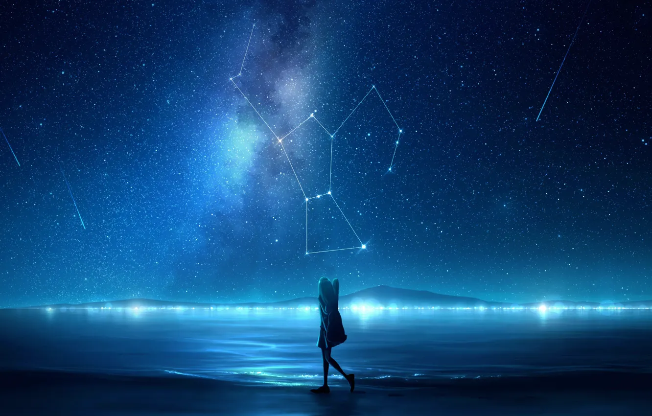 Фото обои море, девушка, ночь, созвездия