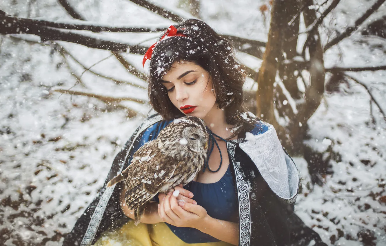 Фото обои зима, девушка, снег, стиль, сова, птица, фэнтези, образ