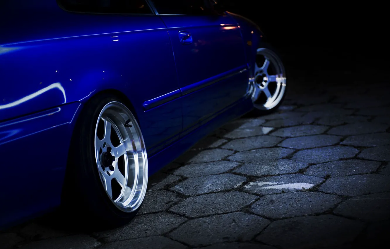 Фото обои Honda, Blue, Civic, Honda Civic, Wheels, Dark Background, Black Background